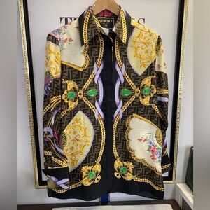 (SOLD) Authentic Fendi / Versace brand  Fendace Silk Button-Up Top printed Shirt